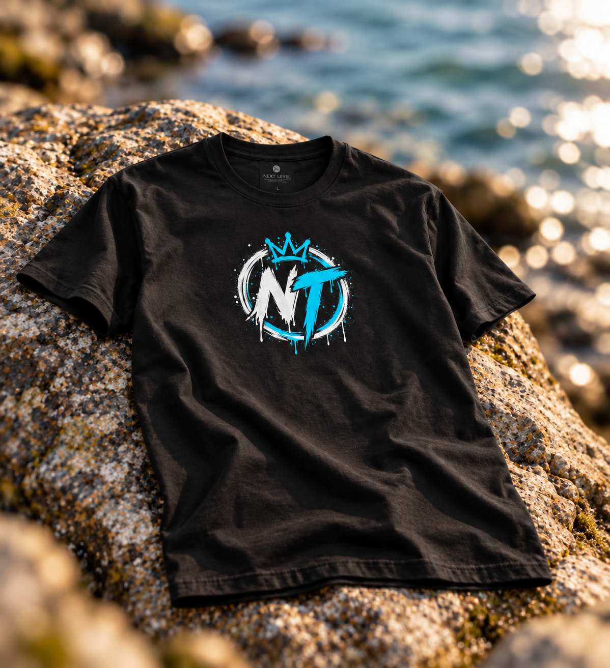 NT Labs Tee — black tee with NT crown logo on rocks